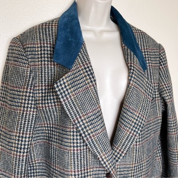 Vintage International Scene Wool Glen Plaid Suede Leather Lapel Blazer Women 14 - Picture 2 of 16